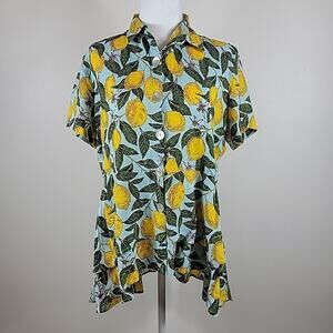 Parsley Sage Top Womens M Blue High Low‎ Ruffles Short Sleeve Lemons Fruit